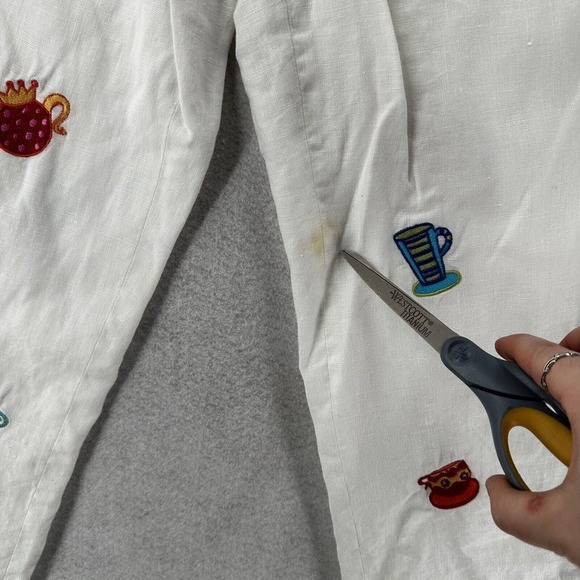 MERCER MADISON 100% Linen Crop Pant 14W Embroidered Mad Hatter Tea Party Novelty - Picture 8 of 13